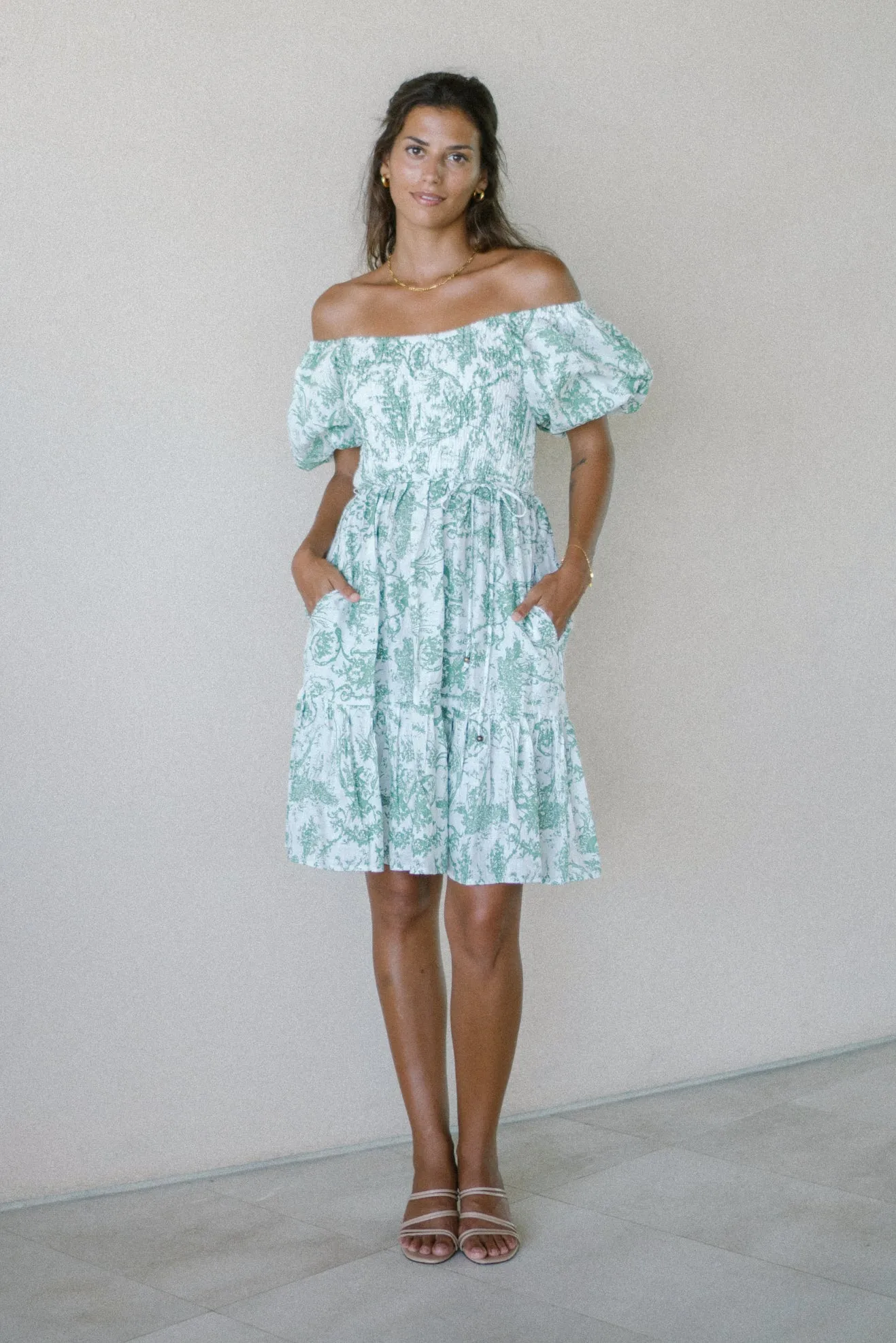Avalira Green Floral Toile Puff Sleeve Mini Dress